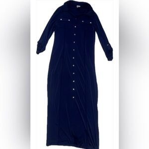 Chico's Deep Blue Long Sleeve Maxi Button Down Dress